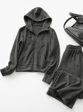 会员拍 310g蓄热单件拍女士条纹连帽外套休闲直筒裤慵懒 秋款女装