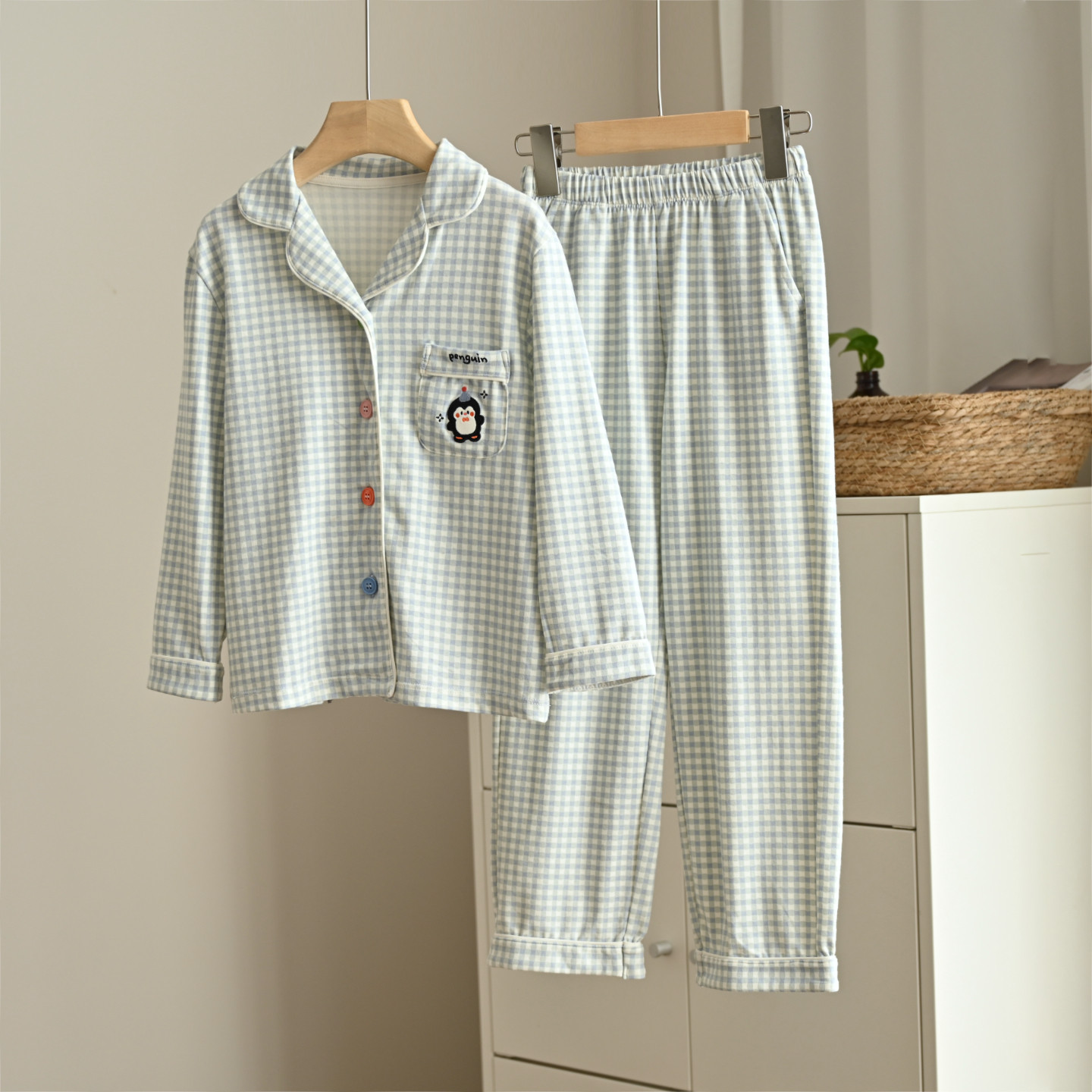 儿童格子长袖长裤家居服套装 男童女童卡通睡衣 中大童 春秋款