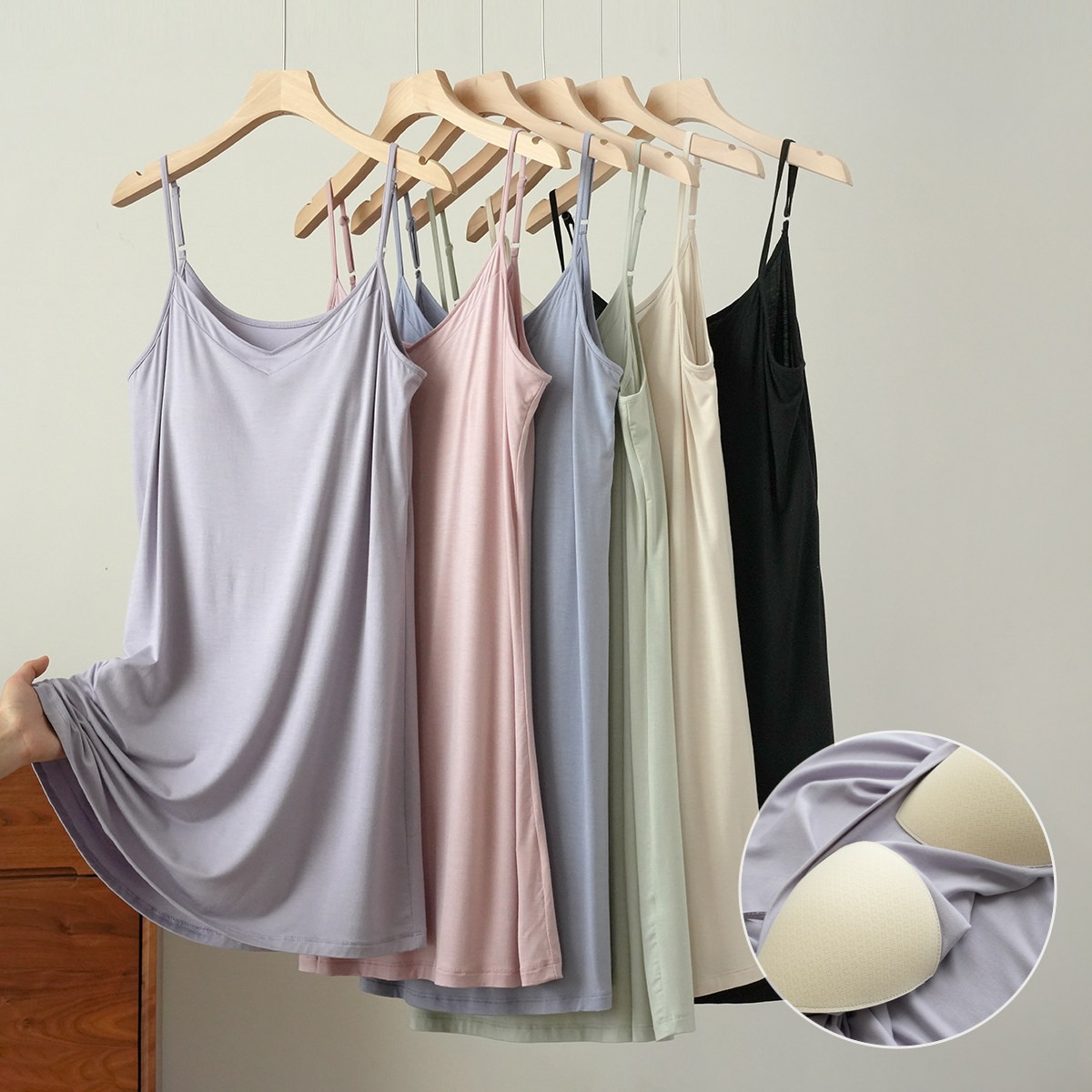 免穿文胸 女士莫代尔V领带胸垫吊带裙 BRA一体家居裙睡裙 夏款,女士内衣/男士内衣/家居服,睡裙,淘宝优惠券,粉丝福利购,淘宝优惠卷