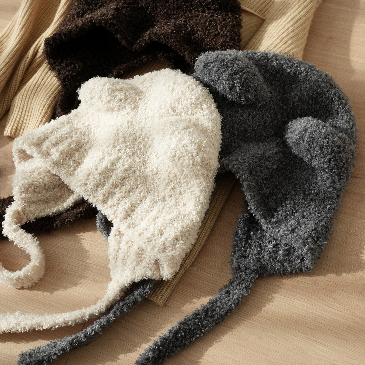 秋冬护耳帽针织帽子毛绒卡通