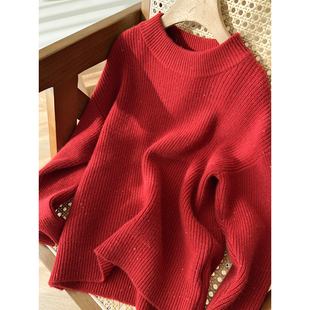 新年款 红色A类 美丽诺全羊毛元宝针 套头女童圆领厚毛衣中大童冬