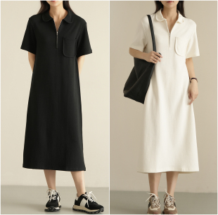 简约纯色中长款 连衣裙 裙子 夏季 减龄显瘦 女装 女士POLO领短袖