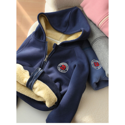 特 厚款校服 儿童加绒连帽外套男童女童保暖衫卫衣 中大童 冬款