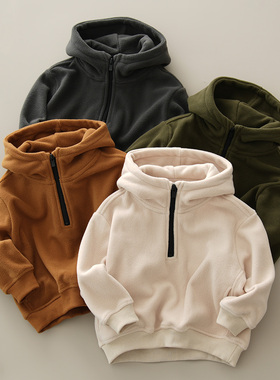 儿童摇粒绒卫衣 男童女童纯色保暖连帽上衣 180中大童 秋冬款童装