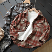 秋冬童装 英伦风男大童格子衬衣 男童加厚磨毛毛呢外套格纹衬衫