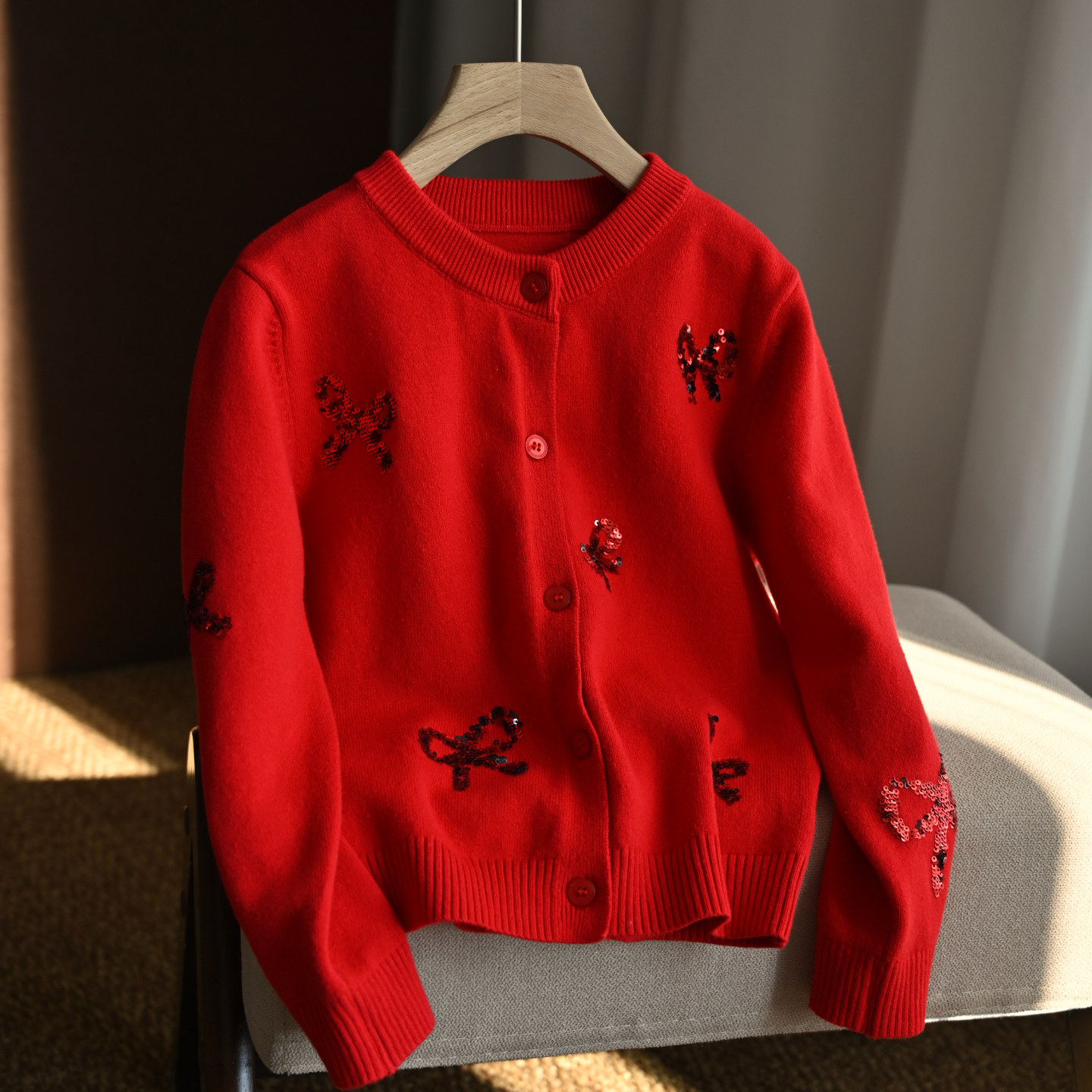 红色新年款 女童针织毛衣 百搭蝴蝶结开衫 中小童 秋冬款
