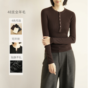 女裝 雙股48支全羊毛 春秋款 打底毛衣 女士針織圓領(lǐng)套頭衫 薄款