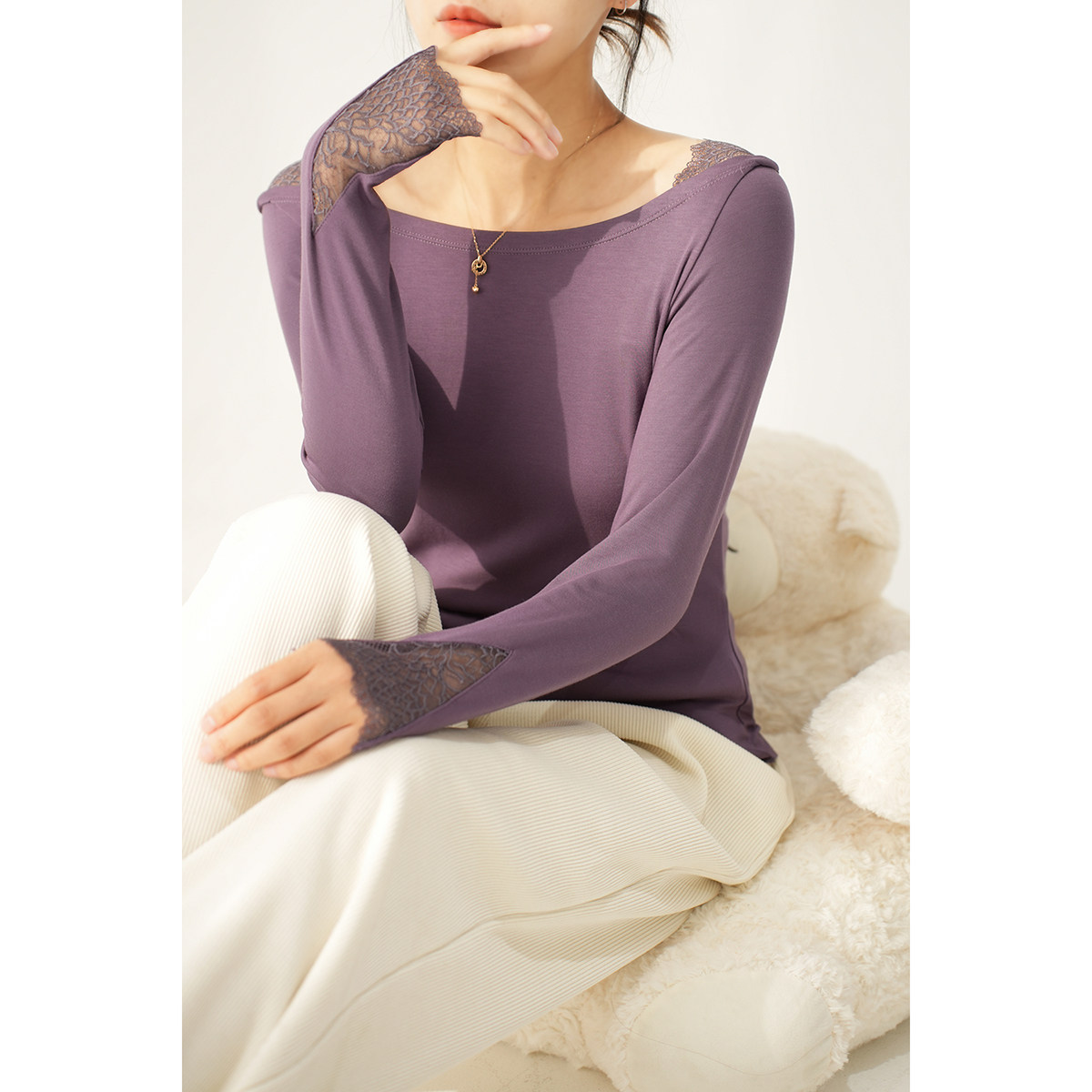 特 柔软 保暖内衣女士莫代尔打底衫随心裁蕾丝长袖秋衣