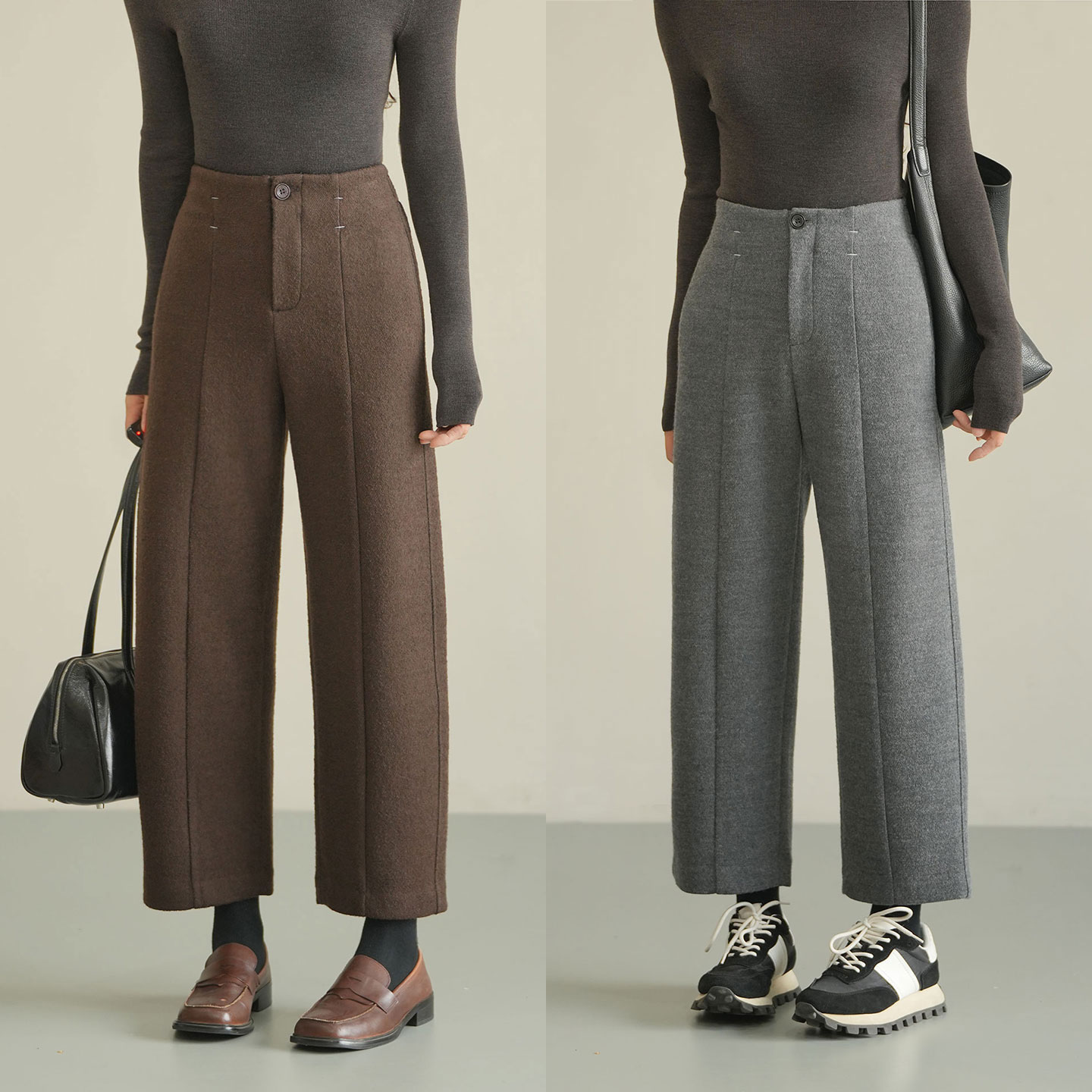 女士毛呢直筒靴裤拼接八分裤