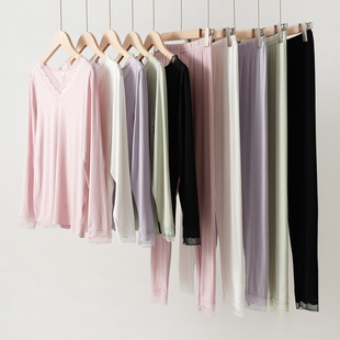 单件拍 女士莫代尔蕾丝领秋衣秋裤 打底衫上衣 打底裤秋裤 秋冬款