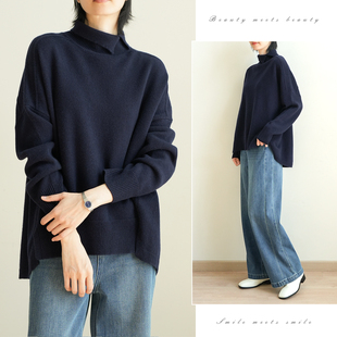 套头针织衫 390g绵羊毛7针保暖半高领毛衣 女士宽松落肩袖