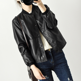 外套 女士圆领开衫 绵羊皮 机车服 帅过男朋友 春秋款 棒球领皮衣