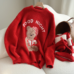 红色新年款 女士半边绒家居服套装 软糯毛绒睡衣睡裤 冬款 女装