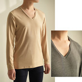 男士 秋冬款 V领起绒打底衫 无补 纯色柔软长袖 秋衣保暖T恤 男装