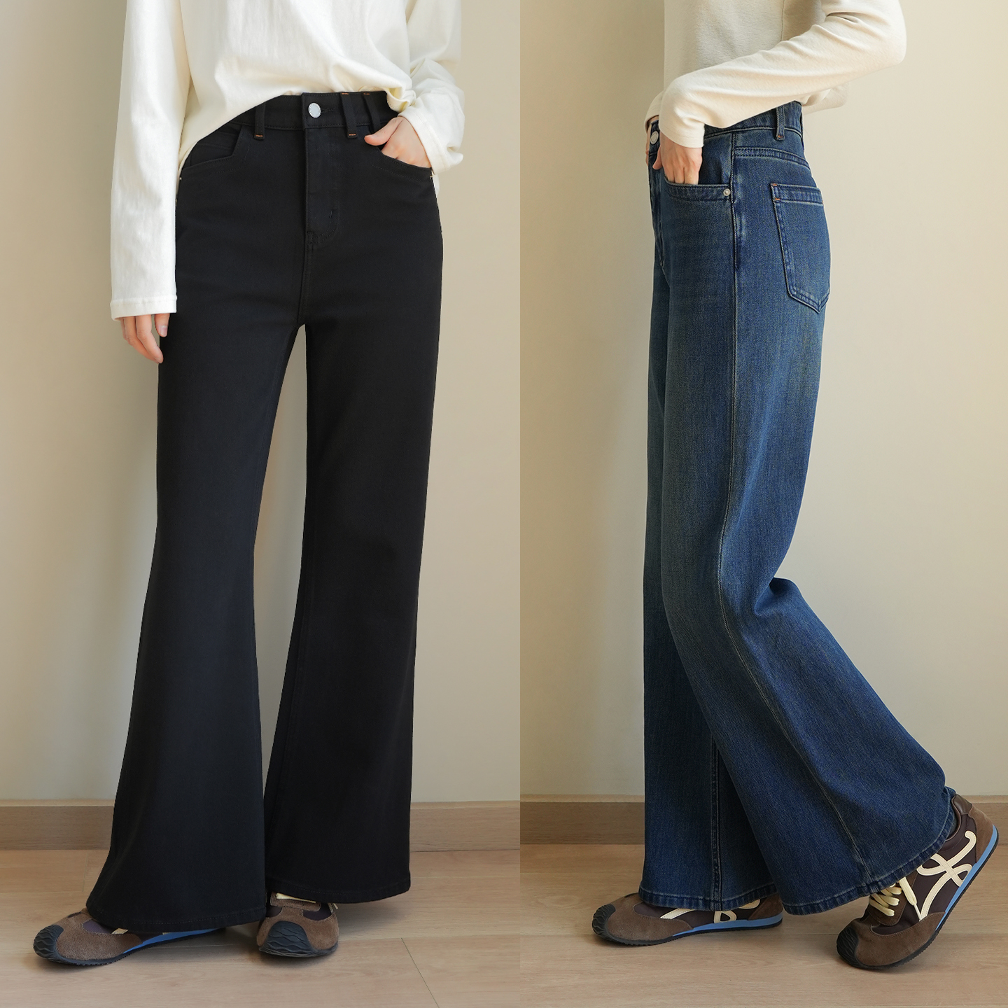 女士四面弹棉质高腰喇叭牛仔裤