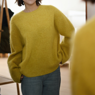 花纱 温柔黄 水洗拉绒全羊绒 女士圆领毛衣 山羊绒毛衫冬款 女装