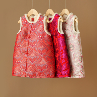 女童外套 国风复古马甲保暖上衣 夹棉连衣裙 儿童旗袍裙 新年装