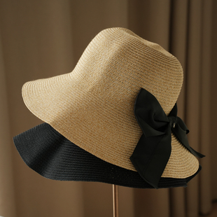 无补 日本东丽面料女士草编遮阳帽圆顶蝴蝶结大帽檐太阳帽子