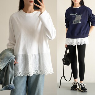 女士全棉拼接蕾丝T恤 女装 纯棉长袖 春秋款 打底衫 A类