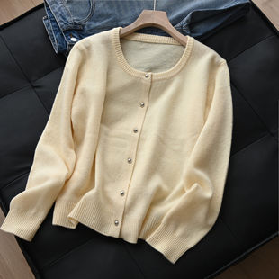 鹅黄色 女士羊毛针织衫 小金扣开衫长袖外套 春款 女装