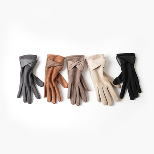 可触屏麂皮绒手套 女士加绒保暖分指手套  开车骑车手套 秋冬款