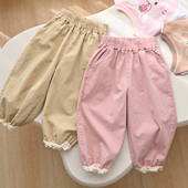 春秋款 儿童撞色花边长裤 中小童可开裆 休闲长裤 女童水洗棉收口裤