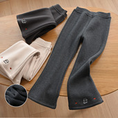 童装 一体绒 中大童 冬款 儿童脚口爱心猫加绒微喇裤 女童保暖裤