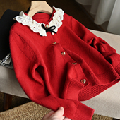 开衫 花边长袖 百搭上衣 中小童 新年款 秋冬款 女童红色针织毛衣
