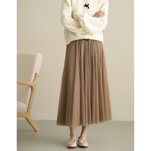 赫本风 女装 百褶裙 气质网纱中长裙子春夏款 女士高腰半身裙 两穿