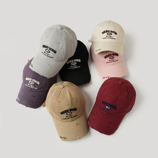 字母棒球帽 鸭舌帽 宽帽檐大帽围女士全棉破洞棒球帽户外软顶