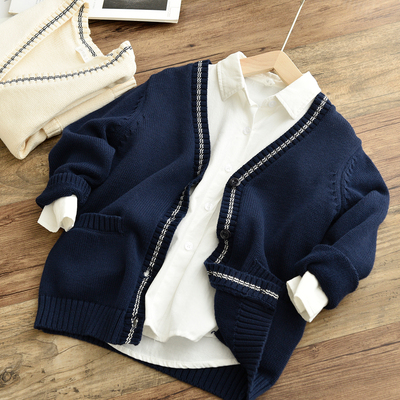 儿童纯棉毛衣V领针织开衫春秋