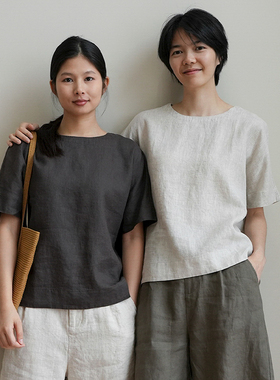 14支 水洗全亚麻 女士短袖 宽松圆领T恤衫 慵懒纯色上衣 夏款女装