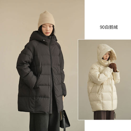 厚实白鹅绒女士连帽中长羽绒服