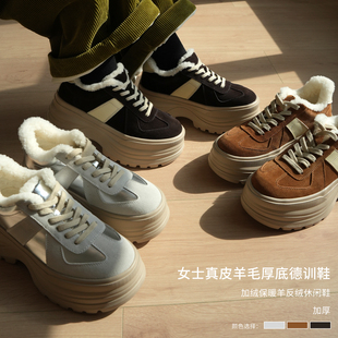 冬k 加厚棉鞋 女士真皮厚底复古德训鞋 加绒保暖羊反绒休闲鞋