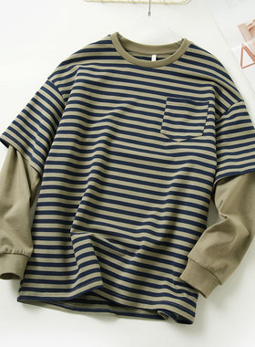 150-180中学生大童假两件卫衣 男女童条纹纯棉长袖 山东网店童装