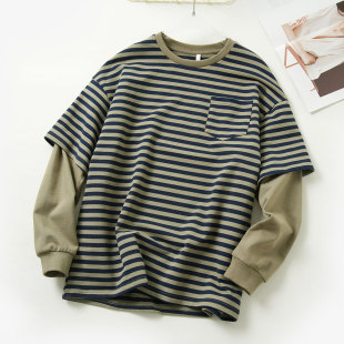 150-180中学生大童假两件卫衣 男女童条纹纯棉长袖 山东网店童装