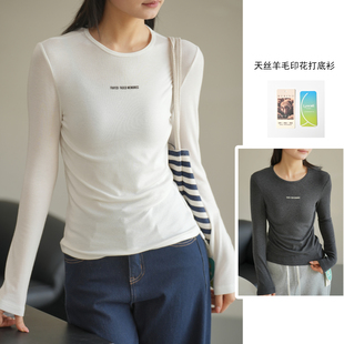 春款 女士窄边小圆领长袖 基础百搭 200g天丝羊毛印花T恤 打底衫