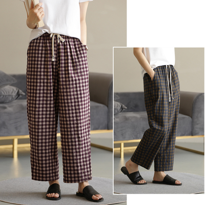 格子九分纯棉家居裤水沐良品棉女