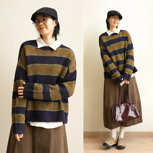 落肩针织衫 女士复古长袖 秋k 505g撞色粗条纹圆领毛衣 含绵羊毛