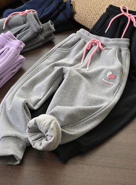 170儿童双层加绒卫裤 女童一体绒棉内衬收口运动裤校服裤 中大童