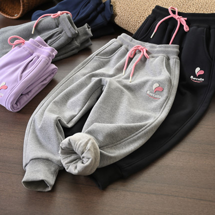 170儿童双层加绒卫裤 女童一体绒棉内衬收口运动裤校服裤 中大童