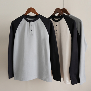 吸湿速干圆领半开襟针织打底衫 男士 T恤 长袖 秋k 拼色插肩袖