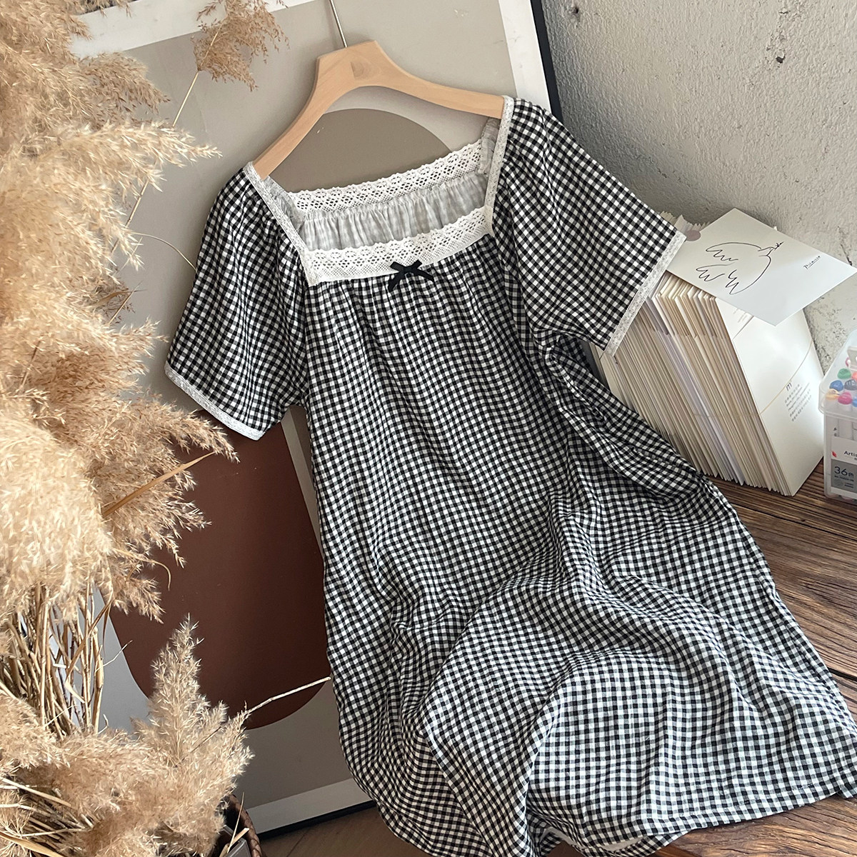 女士色织全棉双层纱布 格子方领家居裙 水洗纯棉短袖睡裙宽松夏款,女士内衣/男士内衣/家居服,睡裙,淘宝优惠券,粉丝福利购,淘宝优惠卷