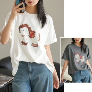 女装 复古百搭baby绒上衣 女士彩虹小马印花短袖 春夏款