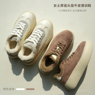 冬k 加厚棉鞋 女士真皮厚底头层牛皮德训鞋 加绒保暖羊反绒休闲鞋