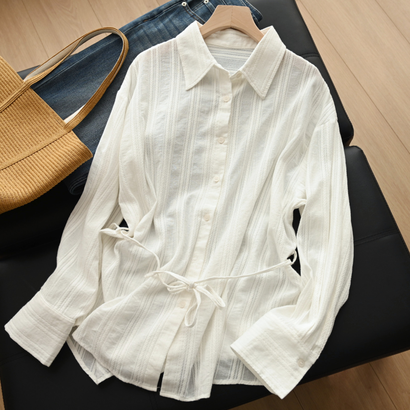 清透款 女士全棉提花白衬衫  纯色竖条纹翻领衬衣外套 女装春夏款