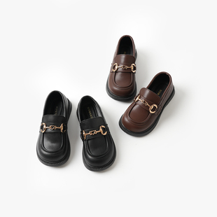 女童乐福鞋 英伦风儿童牛二层皮黑色小皮鞋中童一脚蹬 秋款