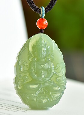 馈赠佳品和田玉钢板料冰底晴水绿细腻温润精雕观音菩萨牌子15065