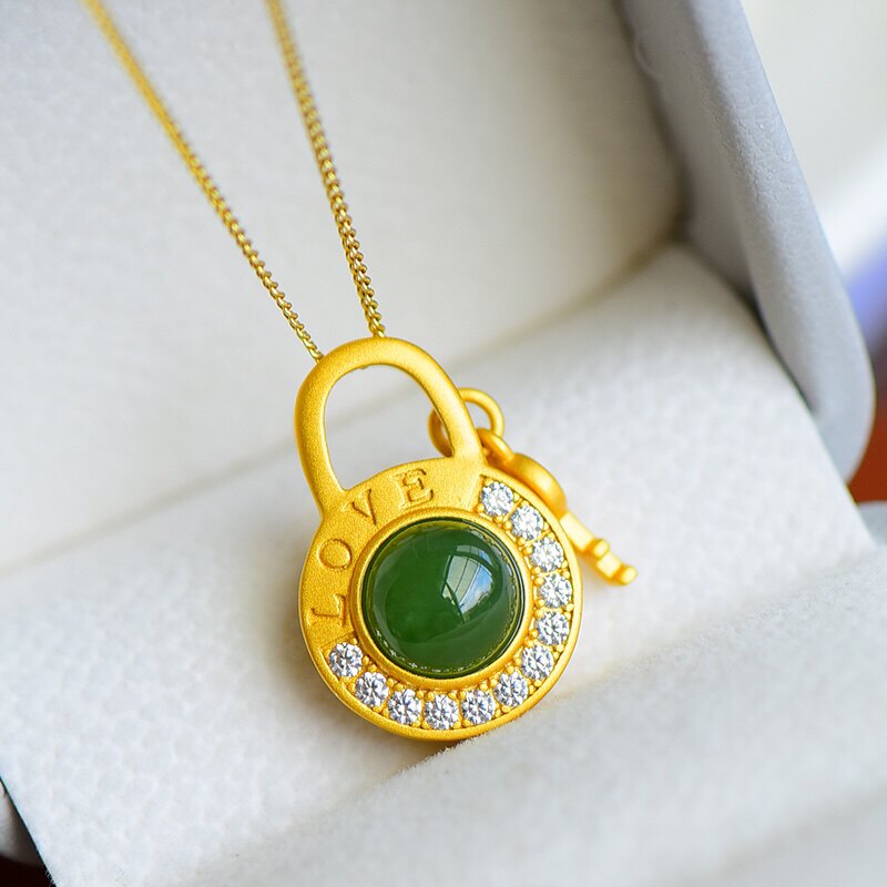 和田玉s925银镶和田玉碧玉圆蛋面锁吊坠配送银链子礼盒10567-6