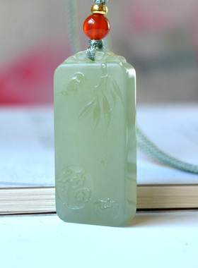 佩戴级和田玉青海老坑冰种湖水青玉质温润无结构兽面牌子D15575#